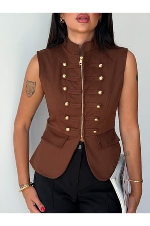 Kadın Siyah Premium Gabardin Düğmeli Yelek FRV0216