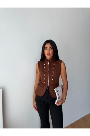 Kadın Siyah Premium Gabardin Düğmeli Yelek FRV0216