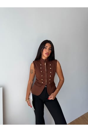 Kadın Siyah Premium Gabardin Düğmeli Yelek FRV0216