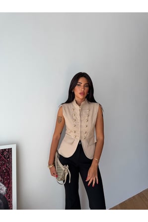 Kadın Siyah Premium Gabardin Düğmeli Yelek FRV0216