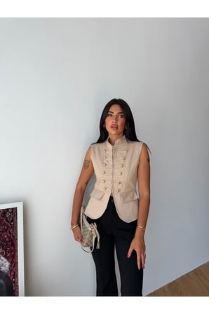Kadın Siyah Premium Gabardin Düğmeli Yelek FRV0216