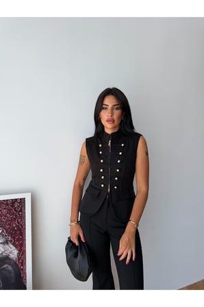 Kadın Siyah Premium Gabardin Düğmeli Yelek FRV0216