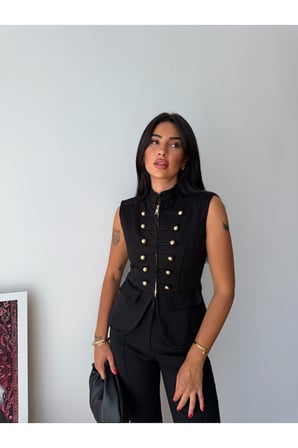 Kadın Siyah Premium Gabardin Düğmeli Yelek FRV0216