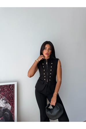 Kadın Siyah Premium Gabardin Düğmeli Yelek FRV0216
