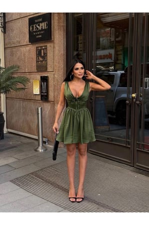 Kadın Yeşil Korse Detaylı Saten Mini Elbise YEL221694