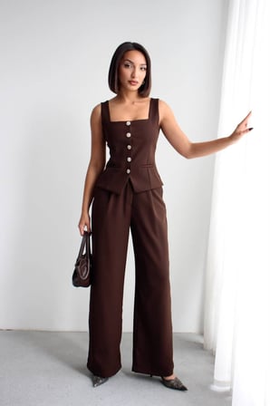 Kadın Sarı Taş Düğme Detaylı Korse Yelekli Double Takım NH265844