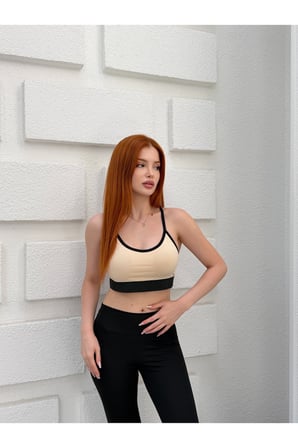 Kadın Lacivert Bantlı Göğüs Pedli Sırtı Çapraz Askılı Spor Crop Büstiyer KR5002