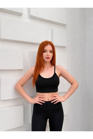 Kadın Lacivert Bantlı Göğüs Pedli Sırtı Çapraz Askılı Spor Crop Büstiyer KR5002