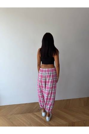 Kadın Pembe Bağcıklı Ekose Desenli Premium Şalvar Pantolon FRV0221-1