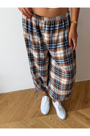 Kadın Mavi Bağcıklı Ekose Desenli Premium Şalvar Pantolon FRV0221-1