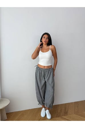 Kadın Lila Bağcıklı Çizgili Premium Şalvar Pantolon FRV0221