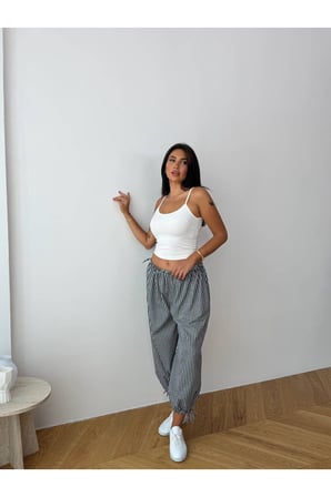Kadın Lila Bağcıklı Çizgili Premium Şalvar Pantolon FRV0221