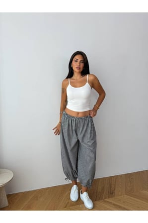 Kadın Lila Bağcıklı Çizgili Premium Şalvar Pantolon FRV0221
