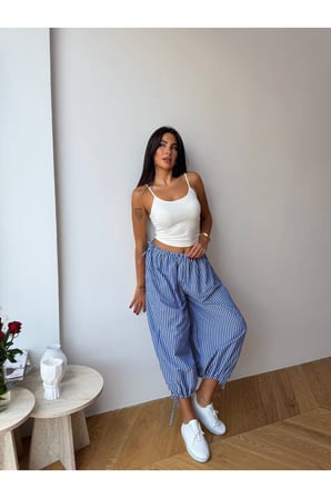 Kadın Lila Bağcıklı Çizgili Premium Şalvar Pantolon FRV0221