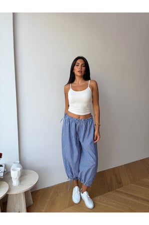 Kadın Lila Bağcıklı Çizgili Premium Şalvar Pantolon FRV0221