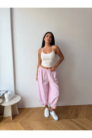 Kadın Pembe Bağcıklı Çizgili Premium Şalvar Pantolon FRV0221
