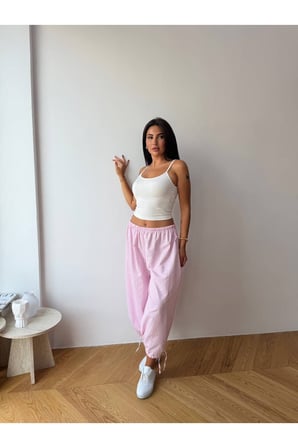 Kadın Pembe Bağcıklı Çizgili Premium Şalvar Pantolon FRV0221