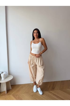 Kadın Bej Bağcıklı Çizgili Premium Şalvar Pantolon FRV0221