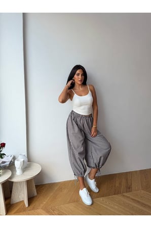 Kadın Acı Kahve Bağcıklı Çizgili Premium Şalvar Pantolon FRV0221