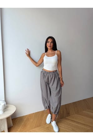 Kadın Acı Kahve Bağcıklı Çizgili Premium Şalvar Pantolon FRV0221