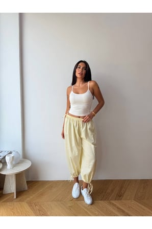 Kadın Lila Bağcıklı Çizgili Premium Şalvar Pantolon FRV0221