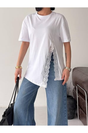 Kadın Beyaz Asimetrik Kesim Dantelli T-Shirt GET26305