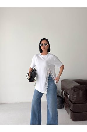 Kadın Beyaz Asimetrik Kesim Dantelli T-Shirt GET26305