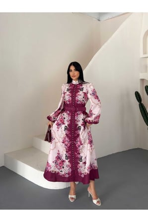 Kadın Mürdüm Chokella Kumaş Mandarin Yaka Kemerli Maxi Elbise JEN26104