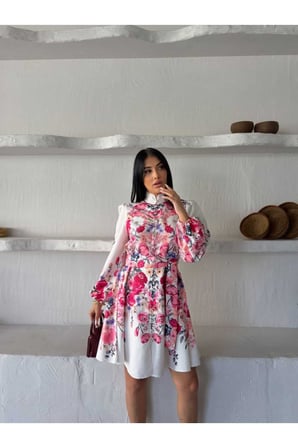 Kadın Siyah-Fuşya Chokella Kumaş Mandarin Yaka Kuşaklı Midi Elbise JEN26105-1