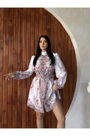 Kadın Vizon Pera Keten Mandarin Yaka Kemerli Midi Elbise JEN26103