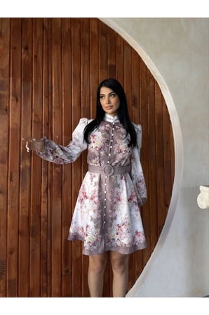 Kadın Pera Keten Mandarin Yaka Kemerli Midi Elbise JEN26103
