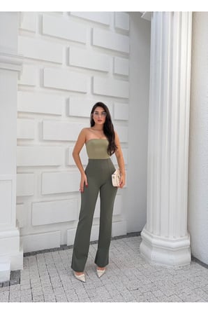 Kadın Haki Krep Beli Pensli Yüksek Bel Pantolon FRV0223