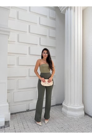 Kadın Haki Krep Beli Pensli Yüksek Bel Pantolon FRV0223