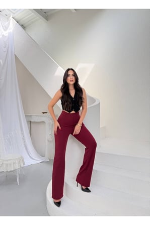 Kadın Haki Krep Beli Pensli Yüksek Bel Pantolon FRV0223