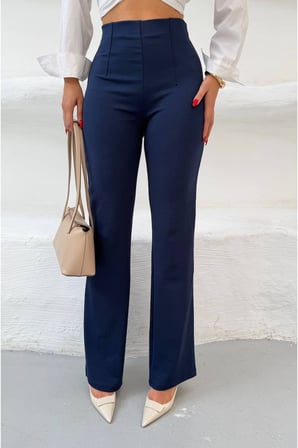 Kadın Lacivert Krep Beli Pensli Yüksek Bel Pantolon FRV0223