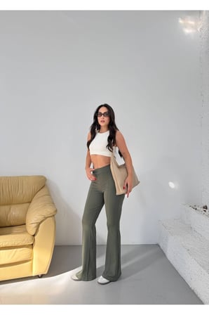 Kadın Haki Krep Önü Dikişli Yüksek Bel İspanyol Paça Pantolon FRV0222