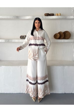 Kadın Ekru Chokella Kumaş Batik Geçişli Gömlek Pantolon Takım JEN2694