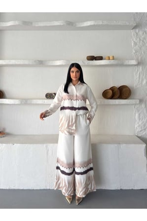 Kadın Ekru Chokella Kumaş Batik Geçişli Gömlek Pantolon Takım JEN2694