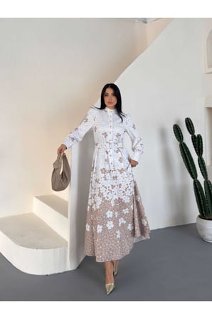 Kadın Sütlü Kahve Babel Kumaş Retro Çiçekli Maxi Elbise JEN2698
