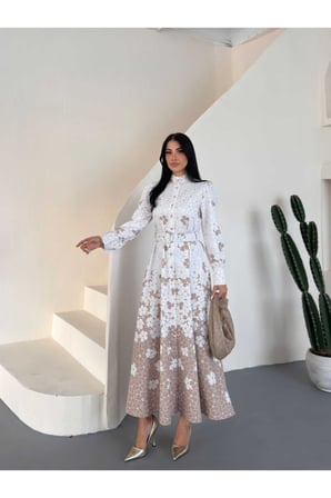 Kadın Sütlü Kahve Babel Kumaş Retro Çiçekli Maxi Elbise JEN2698
