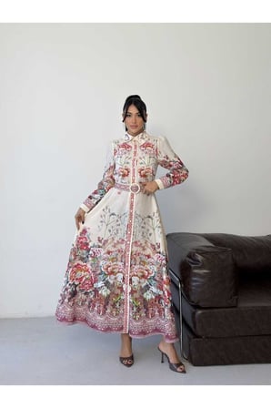 Kadın Pembe Pera Keten Çiçek Desenli Kemerli Maxi Gömlek Elbise JEN2668