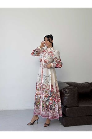 Kadın Pembe Pera Keten Çiçek Desenli Kemerli Maxi Gömlek Elbise JEN2668