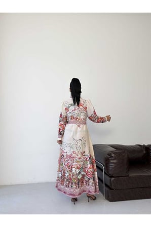 Kadın Pembe Pera Keten Çiçek Desenli Kemerli Maxi Gömlek Elbise JEN2668