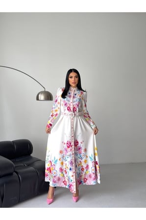 Kadın Ekru Atlas Kumaş Güpür Detaylı Çiçek Desenli Maxi Elbise JEN2632