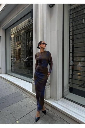 Kadın Kahverengi Batik Desenli Drapeli Maxi Tül Elbise YEL221617