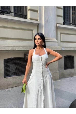 Kadın Siyah Düğmeli Halter Yaka Poplin Maxi Elbise YEL221731