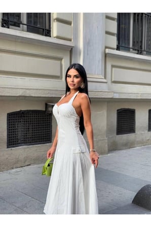 Kadın Siyah Düğmeli Halter Yaka Poplin Maxi Elbise YEL221731