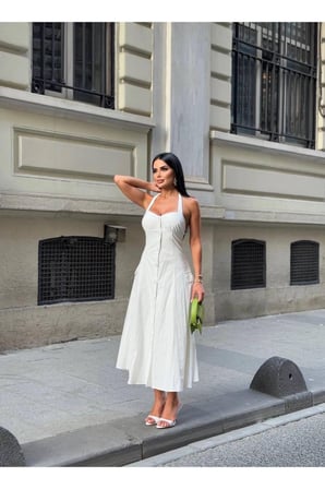 Kadın Siyah Düğmeli Halter Yaka Poplin Maxi Elbise YEL221731