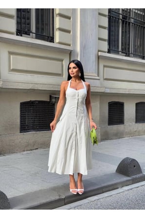 Kadın Siyah Düğmeli Halter Yaka Poplin Maxi Elbise YEL221731