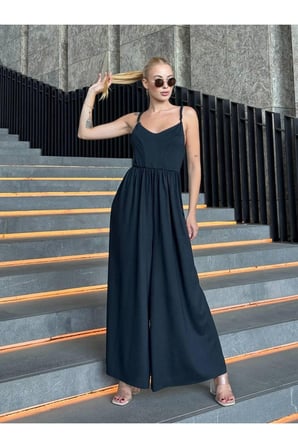 Kadın Bej V Yaka Askılı Büzgülü Tulum NJ147